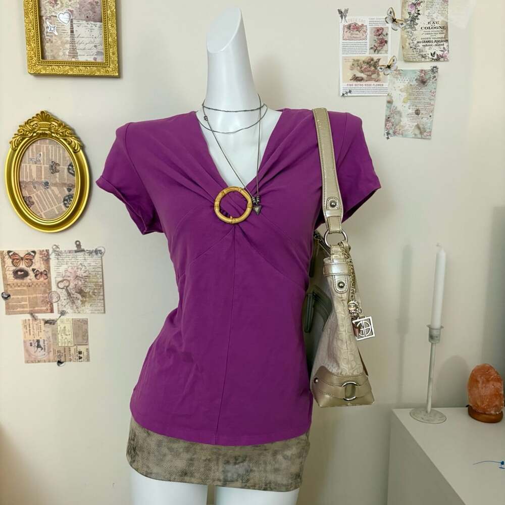 Vintage Y2K Charter Club Petite Medium Purple Bamboo O Ring V Neck Short Sleeve